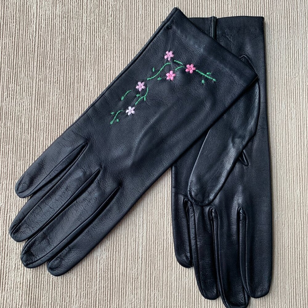 Black Leather Gloves with Embroidered Flowers